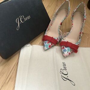 J. Crew Floral Print Heels with Red Bow